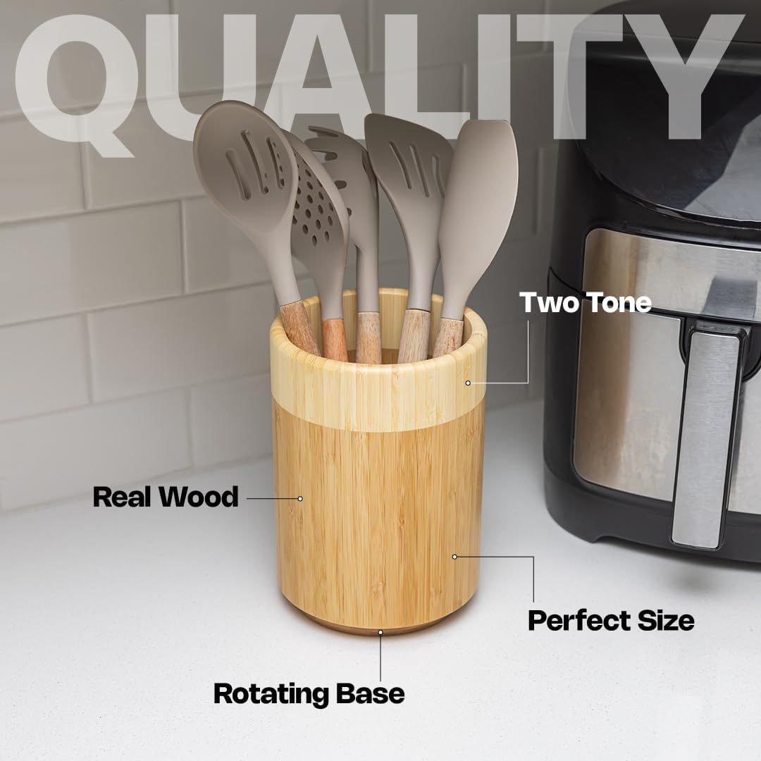 Samma Bamboo Utensil Holder - 8" Rotating Wooden Utensil Holder for Kitchen Counter - Space-Saving Utensil Organizer