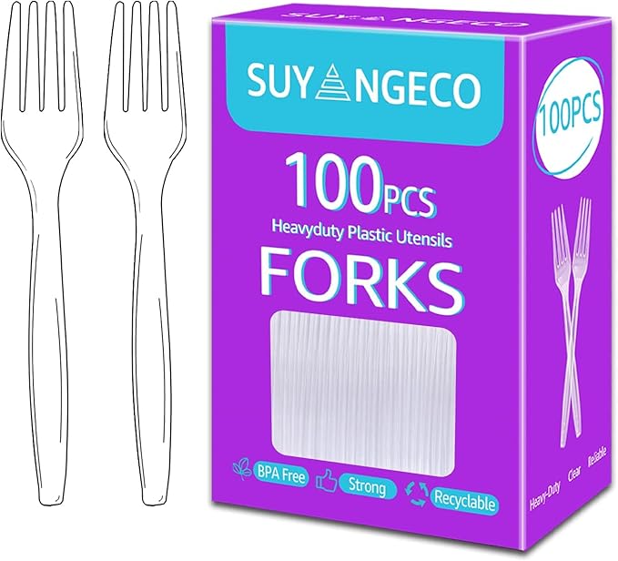 [100 Count] Heavy Duty Clear Plastic Forks Disposable Plastic Fork Bulk Utensils Reusable Cutlery Set Thick Plasticware Silverware for Party,Every Day Use,Picnic,Camping,Wedding,Barbecues