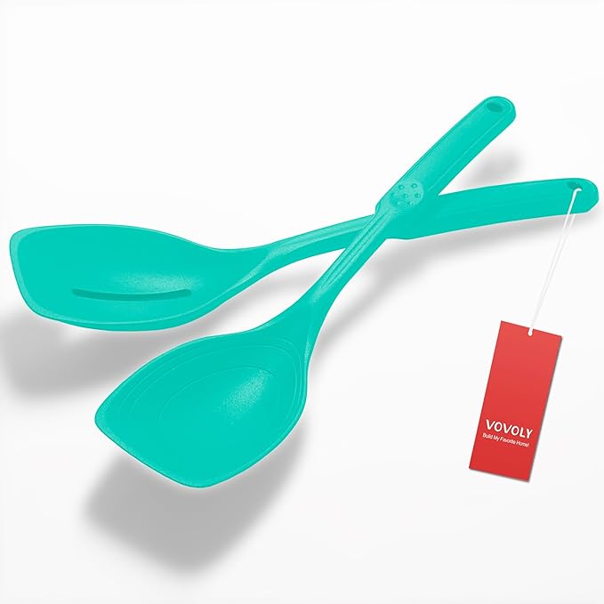 2 Pack Large Silicone Cooking Spoons set, Non-Stick Slotted/Solid Spoon set with Deep Bolw& Measurement Mark for Mixing, Serving, Draining, Scooping, Scraping, Heat Resistant Kitchen Utensils,Teal