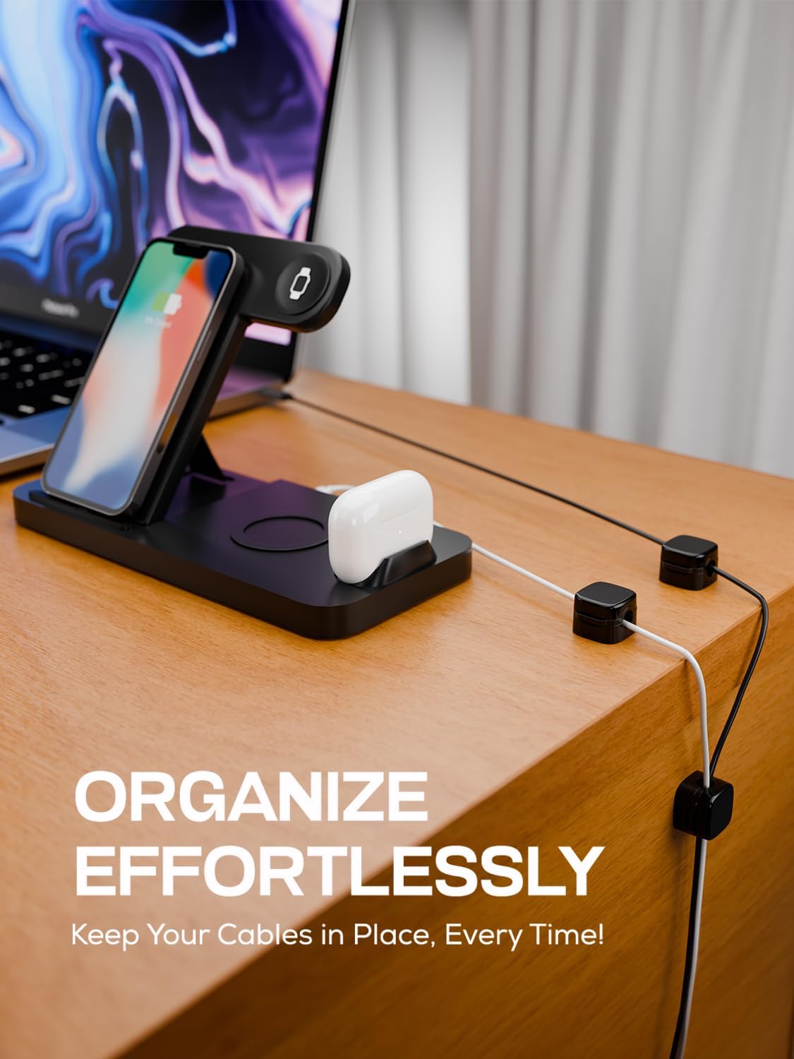 6-Pack Magnetic Cord Holder, Cord Holder with Strong Magnetic Lid, Holds Cables Firmly, 7 mm Charger Holder & HDMI Cord Organizer Clips, Strong Adhesive Pad (Black)