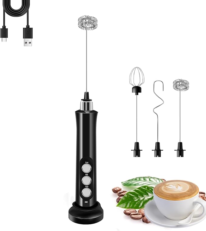 Rechargeable Milk Frother Handheld with 3 Detachable Stainless Steel Whisks, 3 Speed Adjustable Electric Whisk Foam Maker, Handheld Drink Mixer, Frother Wand for Coffee, with Storage and Charging Base