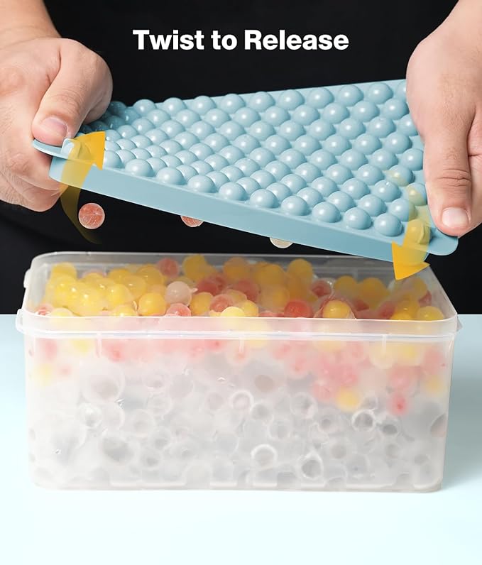 Mini Ice Cube Trays for Freezer - 0.6 IN Tiny Round Pebble Nugget Ice Mold Trays with Lid and Bin, Crushed Ice Trays Makes 104x4 pcs Ice balls - Easy Release Ice Maker for Cocktails, Drinks, Whisky