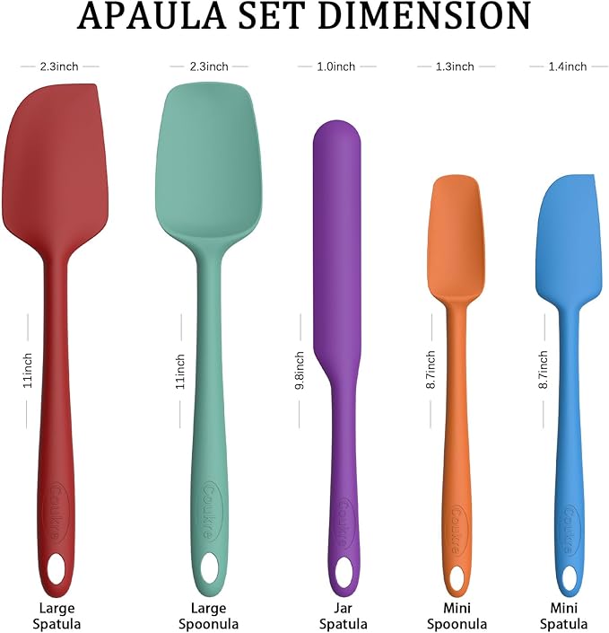 Coukre Silicone Spatula Set of 5,High Heat Resistant, Food Grade Silicone, Upgraded Extended Reinforced Handle,Dishwasher Safe, for Baking, Cooking (Pure Colorful B, Solid color)