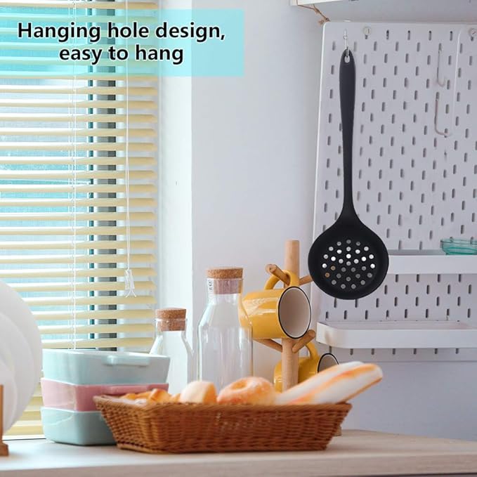 77L Slotted Spoon, Heatproof Skimmer Strainer Slotted Spoon, Seamless One-Piece Non-Stick Cooking Silicone Scoop Ladle with Ergonomic Handle for Filter Vegetable, Pasta and More (Black)