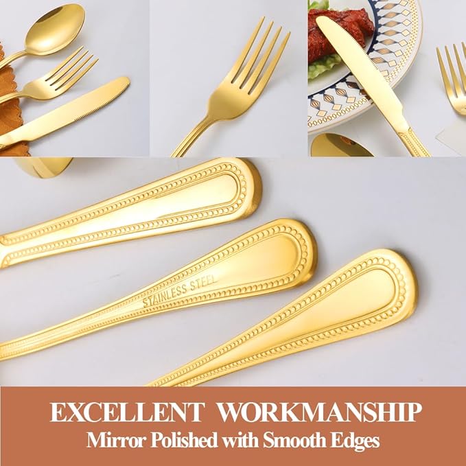 20 Pcs Gold Silverware Set for 4 with Pearled Edge Handle design, Food Grade Stainless Steel Flatware Set, Eating Utensils Sets Include Fork/Knife/Spoon, Reusable Cutlery Set, Dishwasher Safe