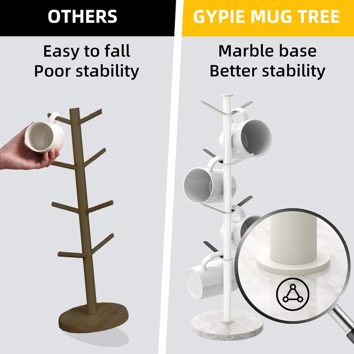 Mug Holder Tree with Marble Base, 8 Hooks White Coffee Cups Holder Stand, New Upgrad Stable Removable Mug Rack for Kitchen Cafe