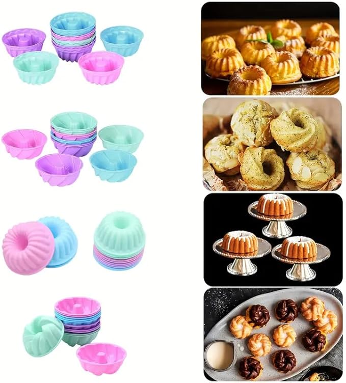 Tongjude 48 Pieces Donut Mold, 2.75" Diameter 0.98" Deep Mini Reusable Baking Cups, Non-Stick, 4 Shape Silicone Molds, Heat Resistant Bakeware for Bagel, Muffin, Jello and Cake Baking
