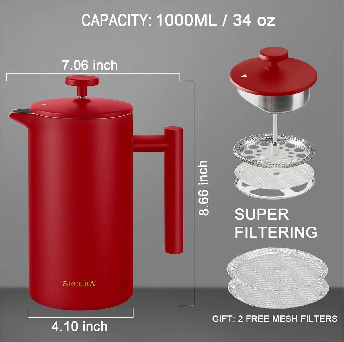 Secura French Press Coffee Maker, Double-Wall 304 Grade Stainless Steel Coffee Press with 2 Extra Screens, 34oz (1L), Red