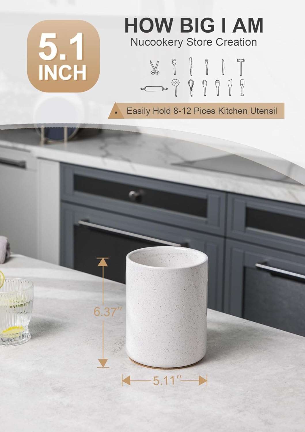 Nucookery Utensil Holder, 6.4" Ceramic Kitchen Utensil Holder for Countertop with Protection Cork Bottom, Vintage Farmhouse Kitchen Decor for Counter, Gift (Sand)