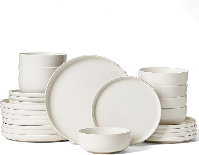 Famiware Milkyway Plates and Bowls Sets, 24 Pieces Dinnerware Sets, Reactive Glaze Dish Set, Stoneware Dishes Set for 8, Matte Beige White