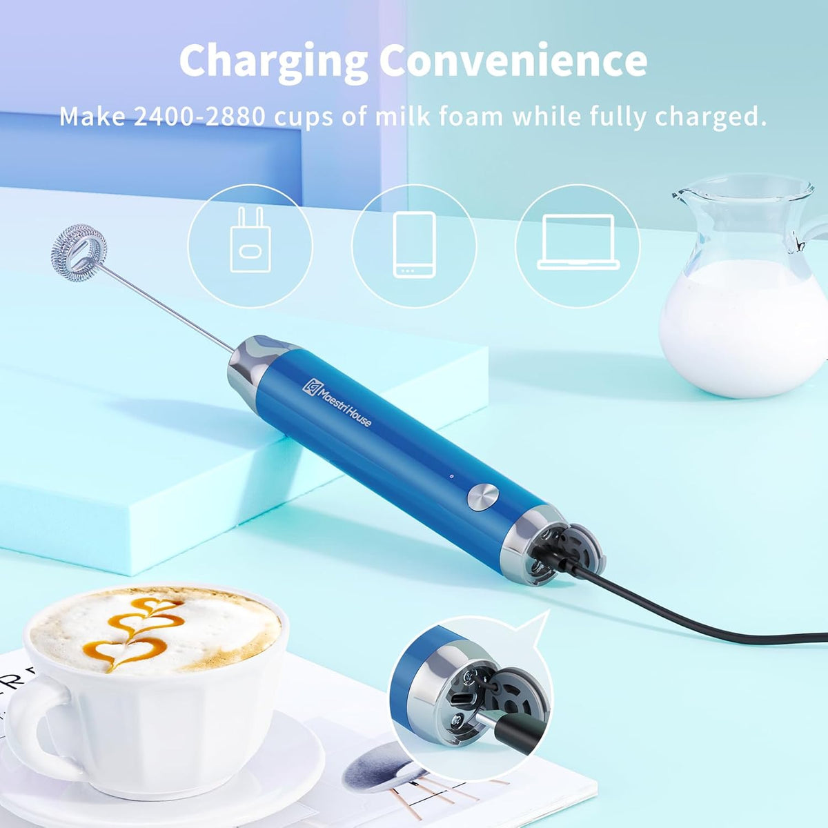 Maestri House Rechargeable Milk Frother with Stand, LunaFro Handheld Electric Foam Maker Waterproof Detachable Stainless Steel Whisk Drink Mixer Foamer for Lattes, Cappuccino