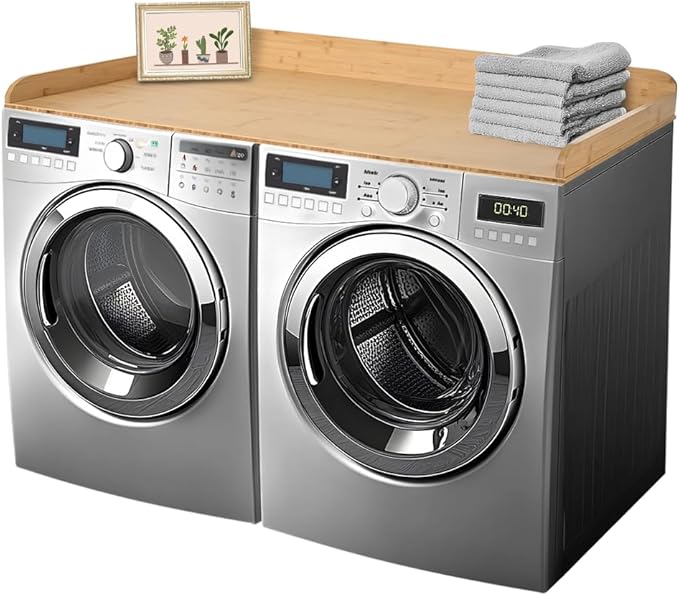 Solid Bamboo Washer Dryer Countertop, Laundry Wood Shelf Topper with Non-Slip Pads, Edge Rails and High Back Rail for Laundry Room Storage & Organization, Washer Dryer Counter Storage, 25"W x 54" L