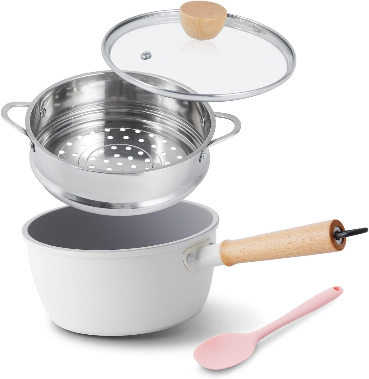 ROCKURWOK Ceramic Nonstick Sauce Pan with Lid, 2 Quart Cooking Pot, Small Saucepan with Steamer, PTFE & PFAS-Free, Wooden Handle for Cool Touch, Universal Base(Gas, Electric & Induction), White