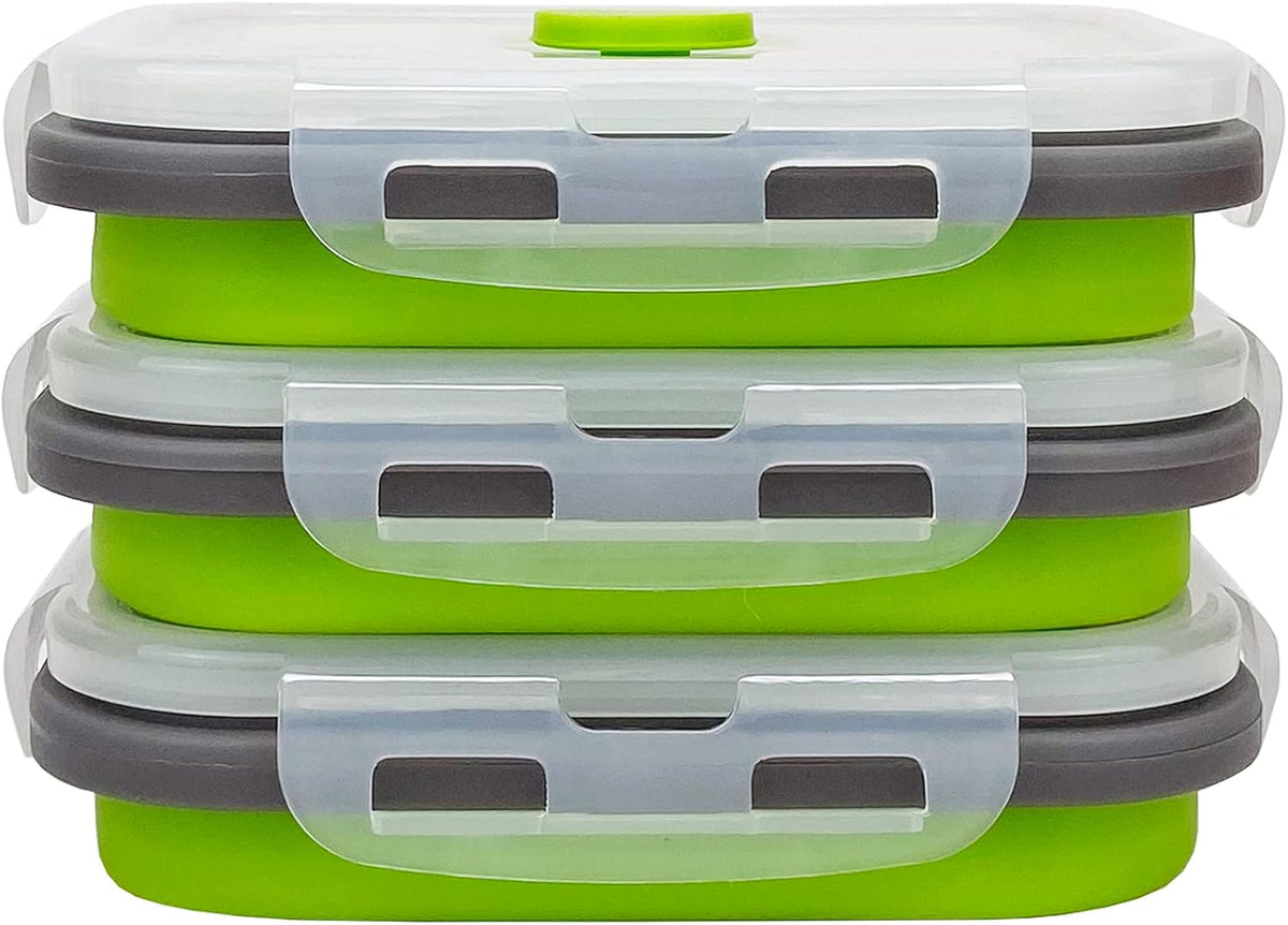 CCyanzi 3piece Collapsible Food Storage Containers with Lids, Silicone Lunch Container, Microwave & Freezer Safe, Space Saving for Kitchen Cabinet and Camping Backpack,(green gray)