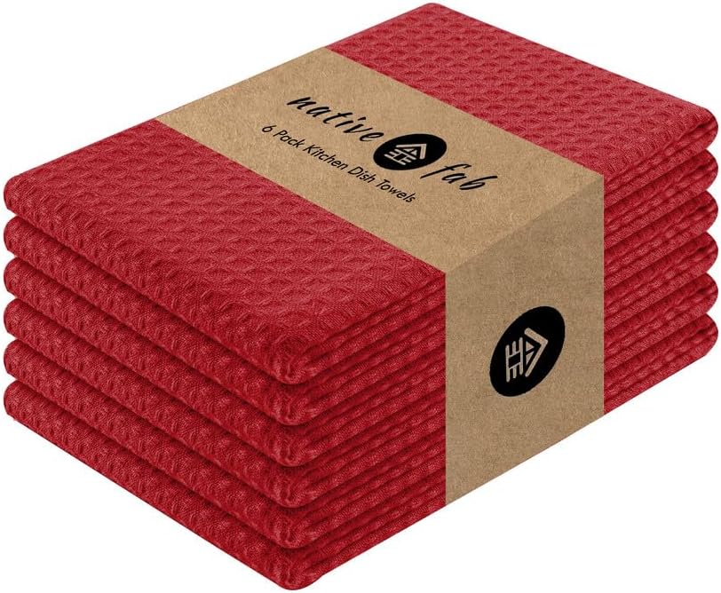 Native Fab Cotton Kitchen Towel with Hanging Loop 16x26 inches, 6-Pack, Waffle Weave Kitchen Towels for Cleaning Drying, Washcloths Soft & Absorbent Cloth Rags, Bar Towel, Dish Cloth, Red