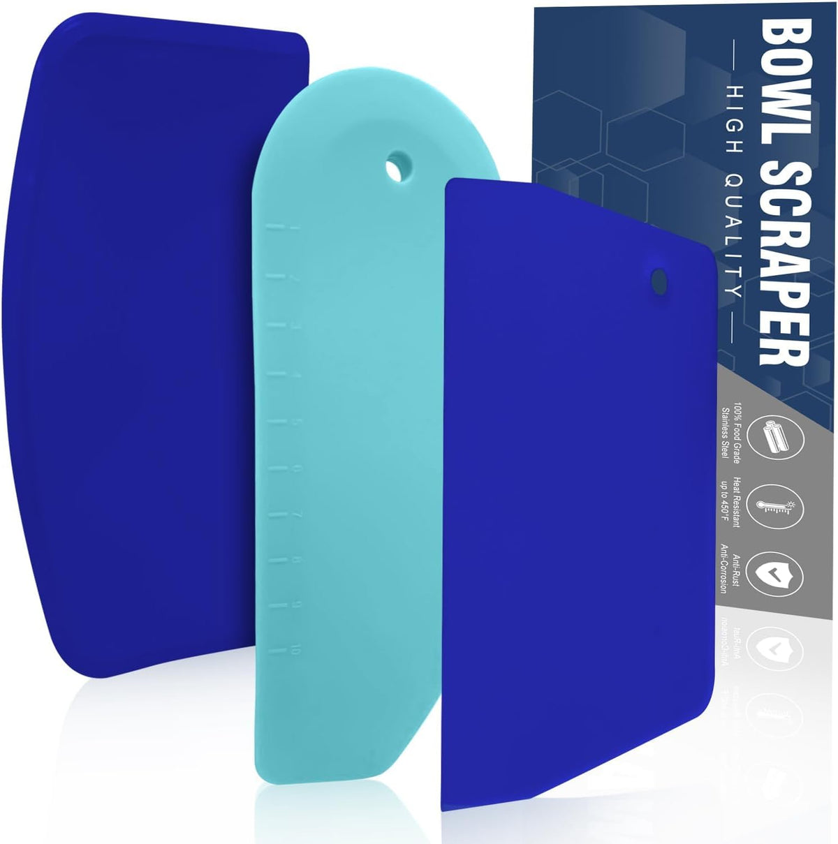 Walfos Dough Scraper Set of 3, Flexible Silicone Bowl Spatula, Kitchen Plastic Bench Dough Scraper Tool for Bread Dough, Sourdough, Cake, Fondant Icing, Blue & Teal/Aqua…