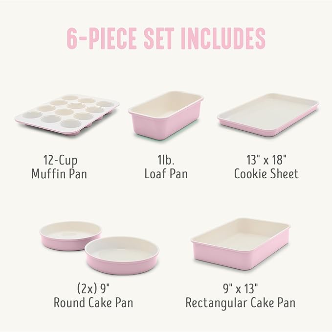 GreenLife 6 Piece Nonstick Bakeware Set, Non-Toxic PFAS-Free Ceramic Oven Pans, Dishwasher & Oven Safe to 450°F, Easy Release Baking Sheet, Loaf Pan, Rectangle & Round Cake, Muffin Pan, Pink