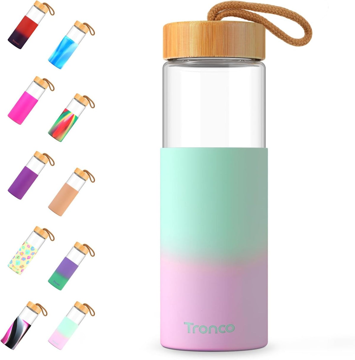 Tronco 24oz Glass Water Bottles with Bamboo Lid & Silicone Sleeve, Leak Proof, BPA Free, Reusable Borosilicate Glass Bottles for Juicing, Smoothies, Juice & Water, for Men & Women Gym, Office, Travel