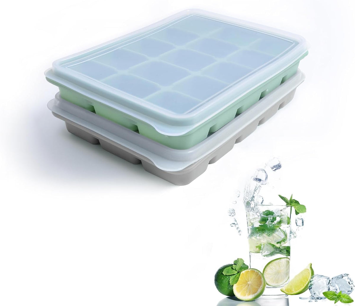 Ice Cube Trays Set of 2, Easy Release 15 Flexible Silicone Ice Cube Molds with Removable Lid Reusable Freezer Ice Trays Stackable for Whiskey, Baby Food, BPA Free (GREEN+GRAY)