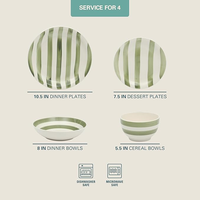 Gibson Home Kenwood Shores 16 Piece Dinnerware Set, Green Striped, Hand-Painted Stoneware, Plates and Bowls, Service for 4, Microwave & Dishwasher Safe