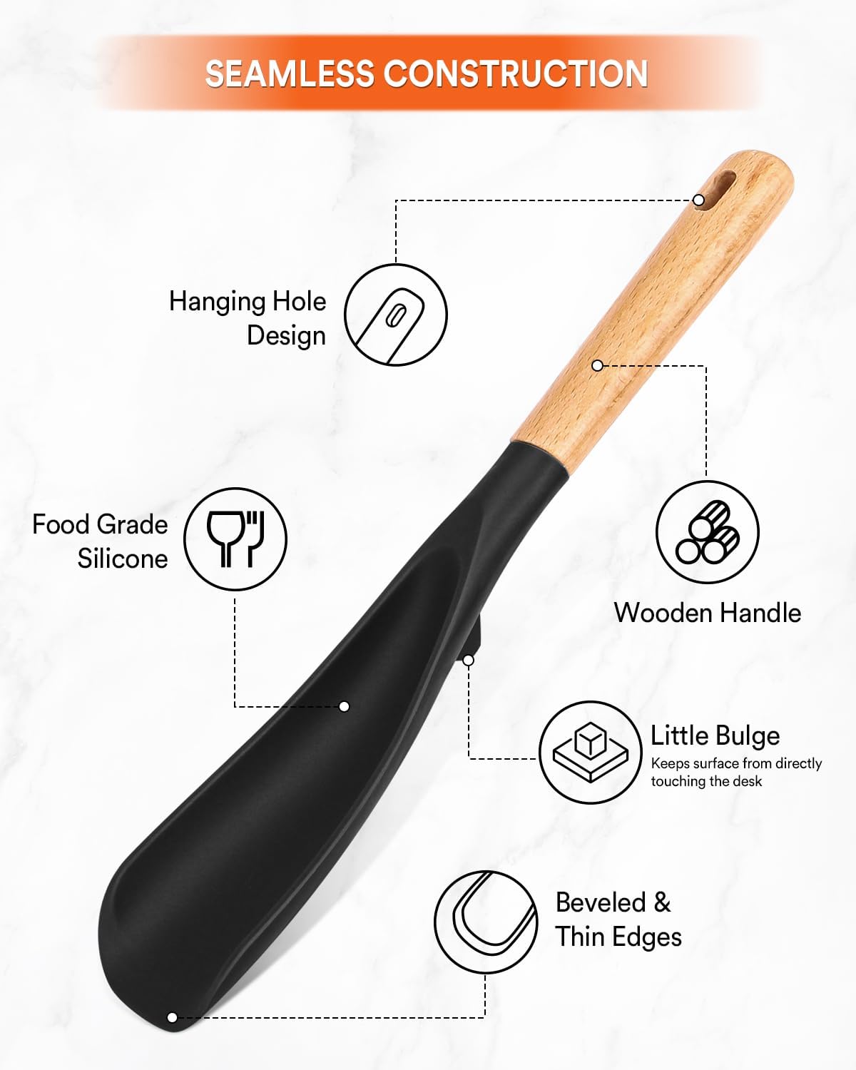 Cooking Spoon and Rice Scooper for Nonstick Cookwares, Great for Cooking and Serving Sturdy BPA-Free Matte Silicone, Wood Handle Spoon for Mixing, Scoop, and Scrape (Black)