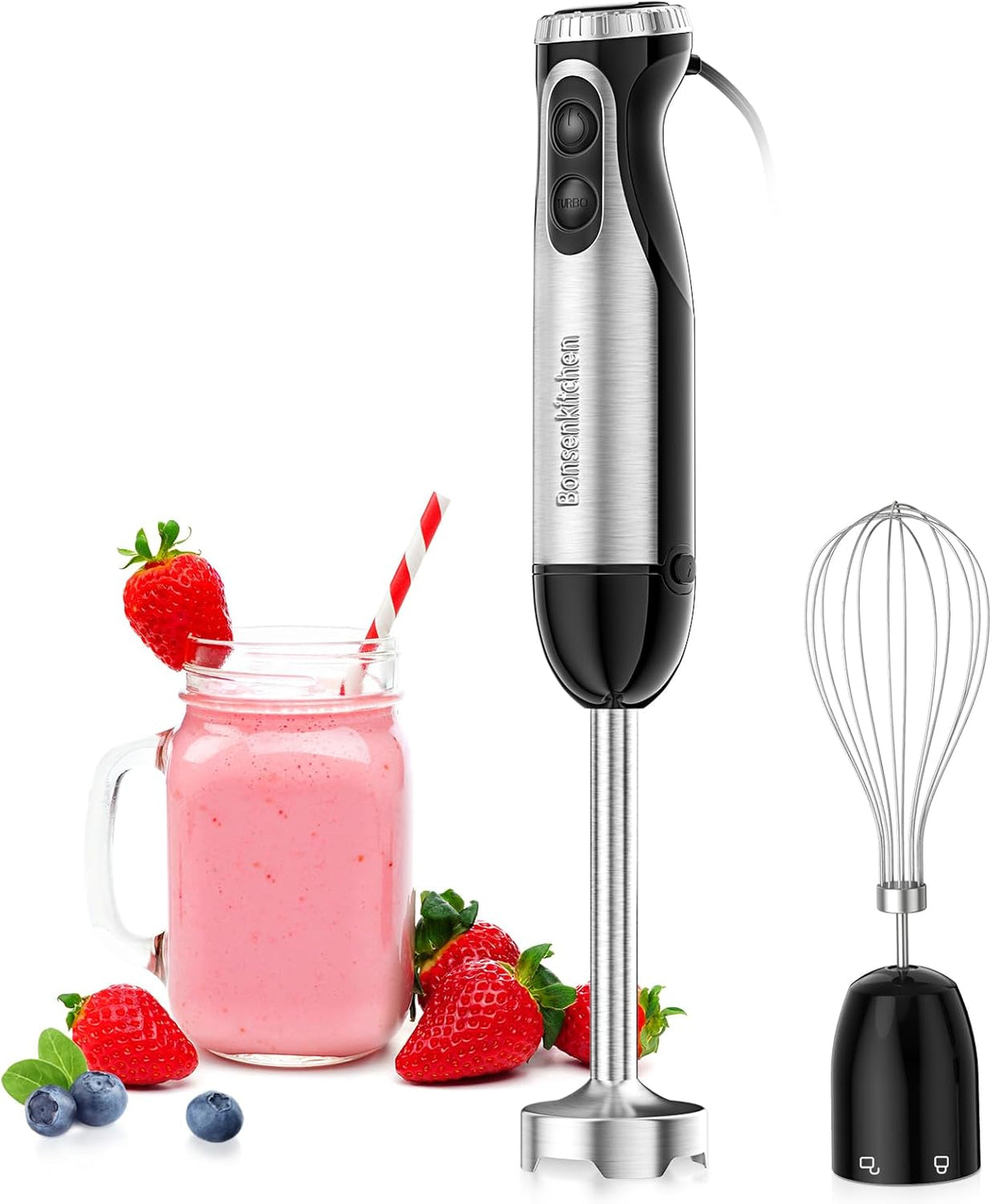 Bonsenkitchen Immersion Handheld Blender with Whisk, 20-Speed & Turbo Mode Hand Blender Stick 500W, 304 Stainless Steel Hand Blender for Soup, Smoothie, Puree, Baby Food