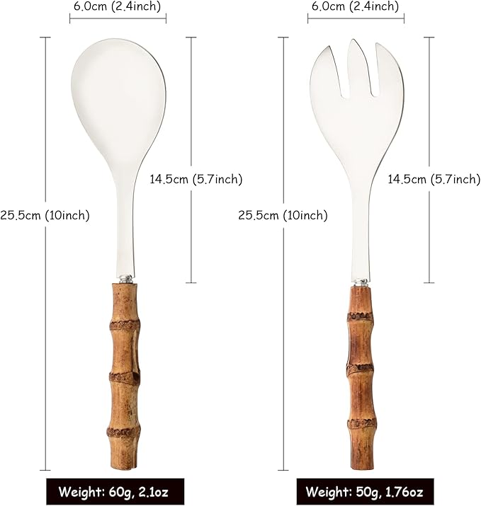 Serving Spoon and Fork Set, 304 Stainless Steel Serving Utensils with Natural Bamboo Handle, 10" Long Handle Serving Set for Kitchen Party Buffet, 4 Pieces / 2 of Each