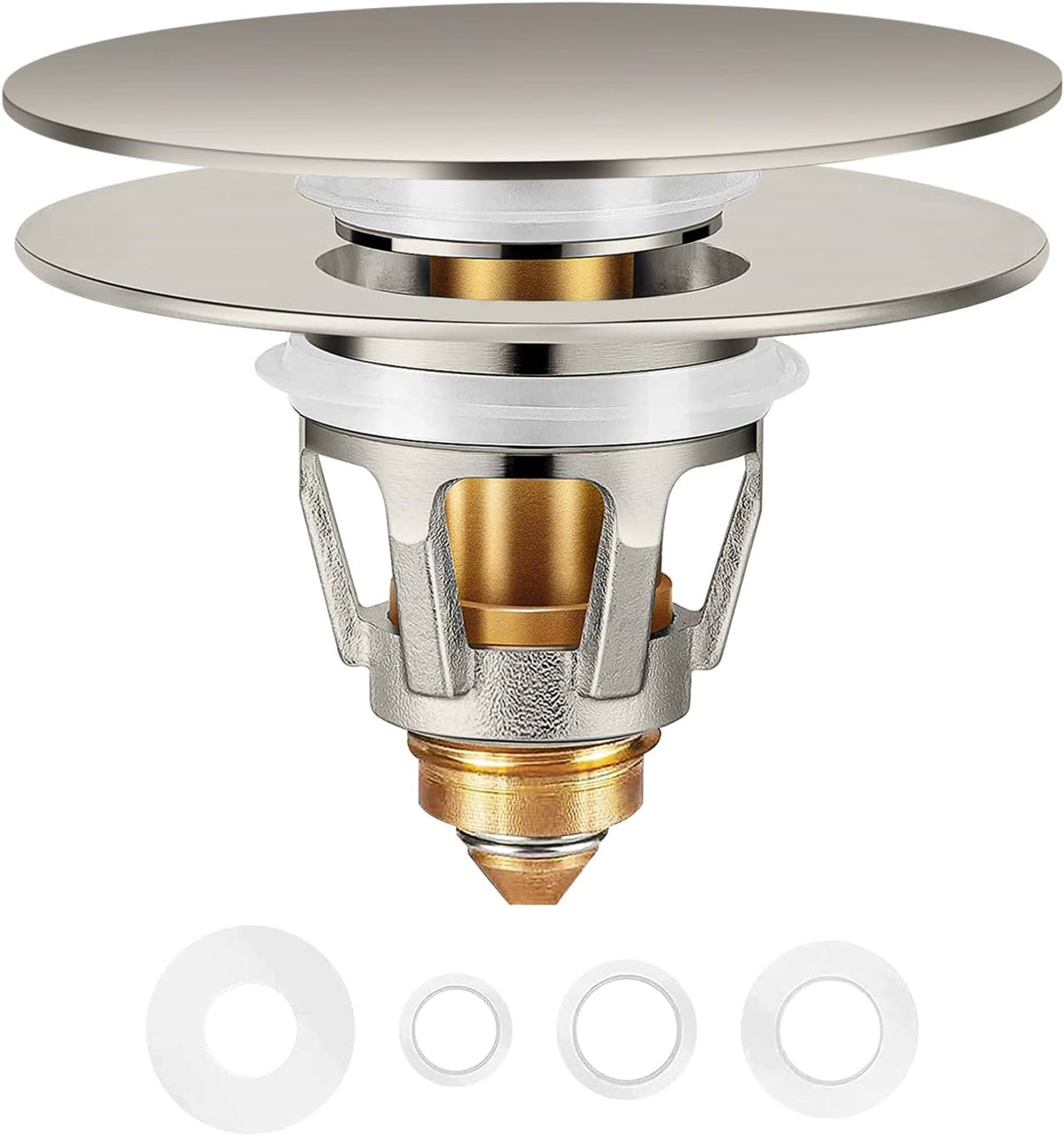 Universal Bathroom Sink Stopper in Brass, 1.04-1.97 Inch Pop Up Basin Sink Drain Stopper, Sink Drain Strainer with Anti Clogging Filter Hair Catcher, Large Lid Brushed Nickel