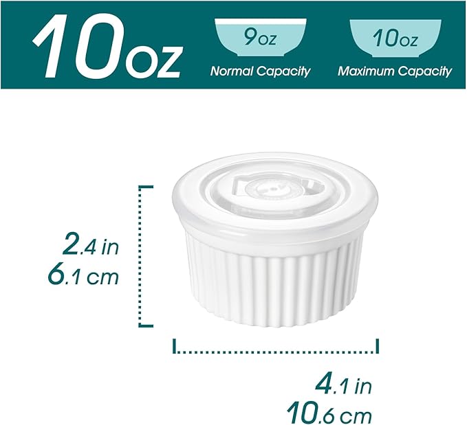 vancasso 10 oz Ramekins with Lid, Porcelain Creme Brulee Souffle Dishes, White Pudding Custard Cups Ramiken for Baking, Dishwasher and Oven Safe, Set of 6