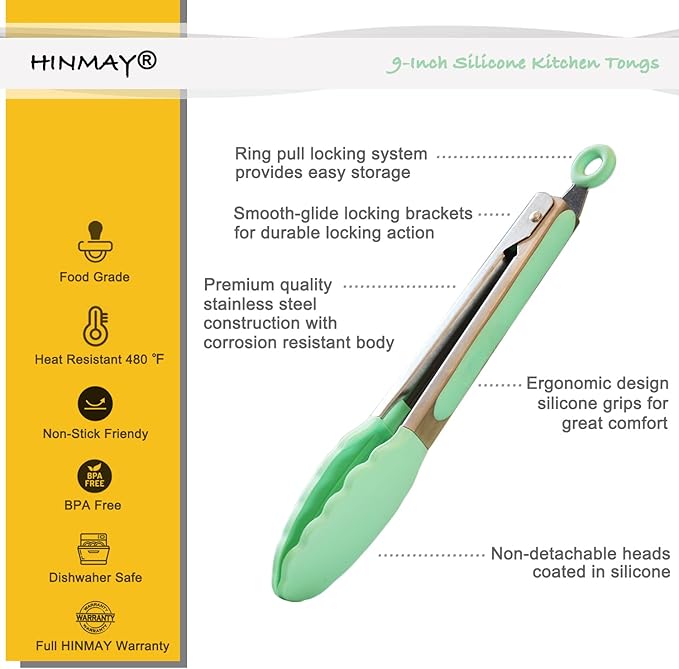 Kitchen Cooking Tongs with Silicone Tips 9-Inch Food Tongs, Set of 3 (Mint)
