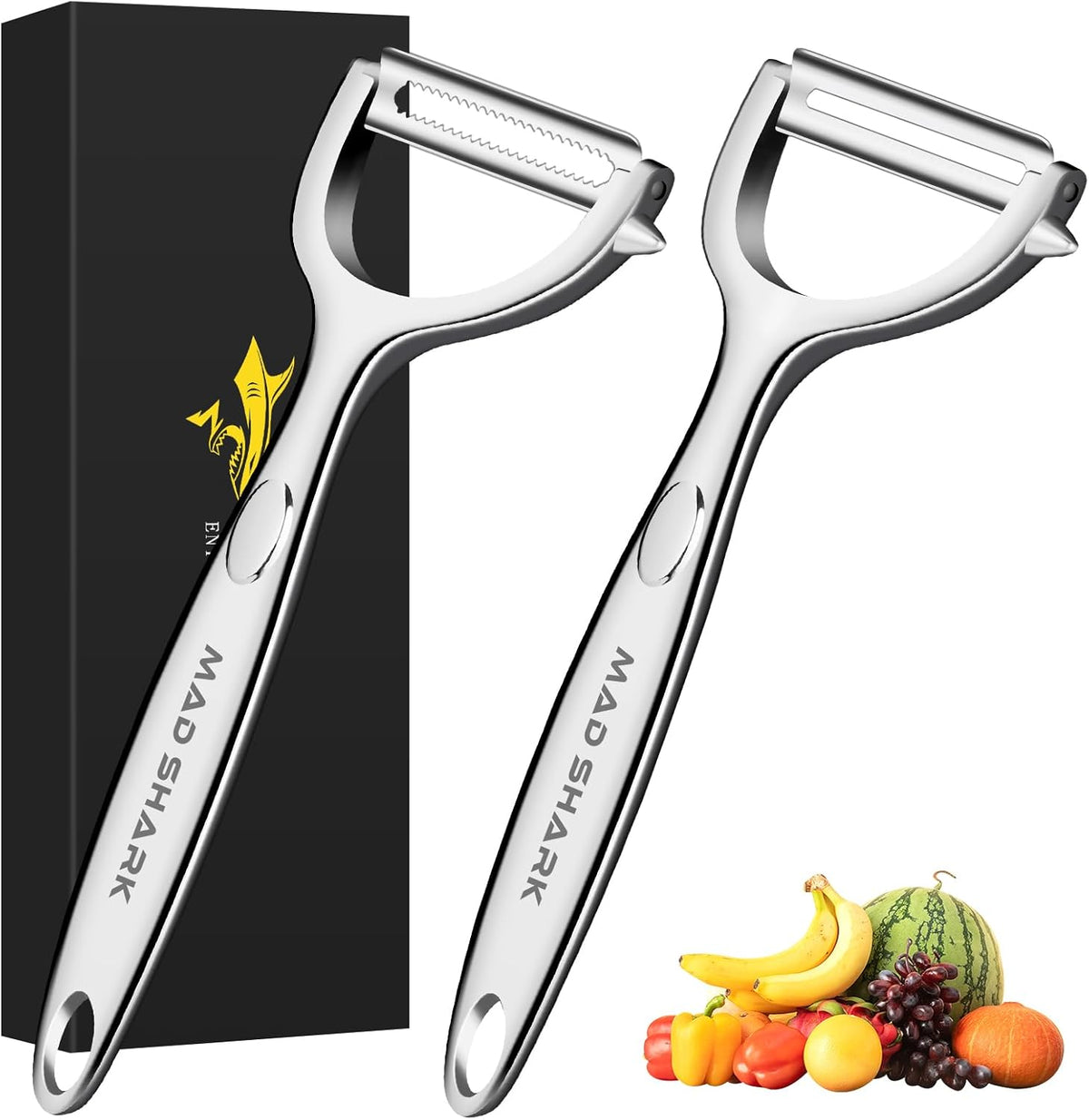 MAD SHARK Ultra Sharp Vegetable Peelers for Kitchen Fruit Apple Potato Peelers,Design with Ergonomic Non-Slip Handle, Y-Shaped Stainless Steel Serrated（Flat&Serrated Blade 2pc）