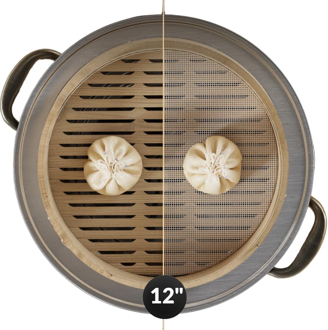 Prime Home Direct Bamboo Steamer Silicone Liners 12-Inch | 6 Count | BPA Free | Reusable & Non Stick for Air Fryer, Dumpling Food Steam Pot & Dim Sum Steaming | Round Mesh Parchment Baking Sheet Paper