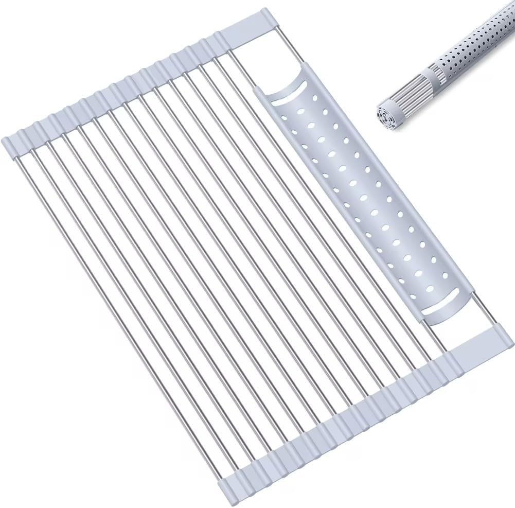 Silicone Wrapped Dish Drying Rack Above Sink, Width 20.47 inches x Length 12.99 inches, roll up Dish Drain Above Sink - Foldable (Stainless Steel)