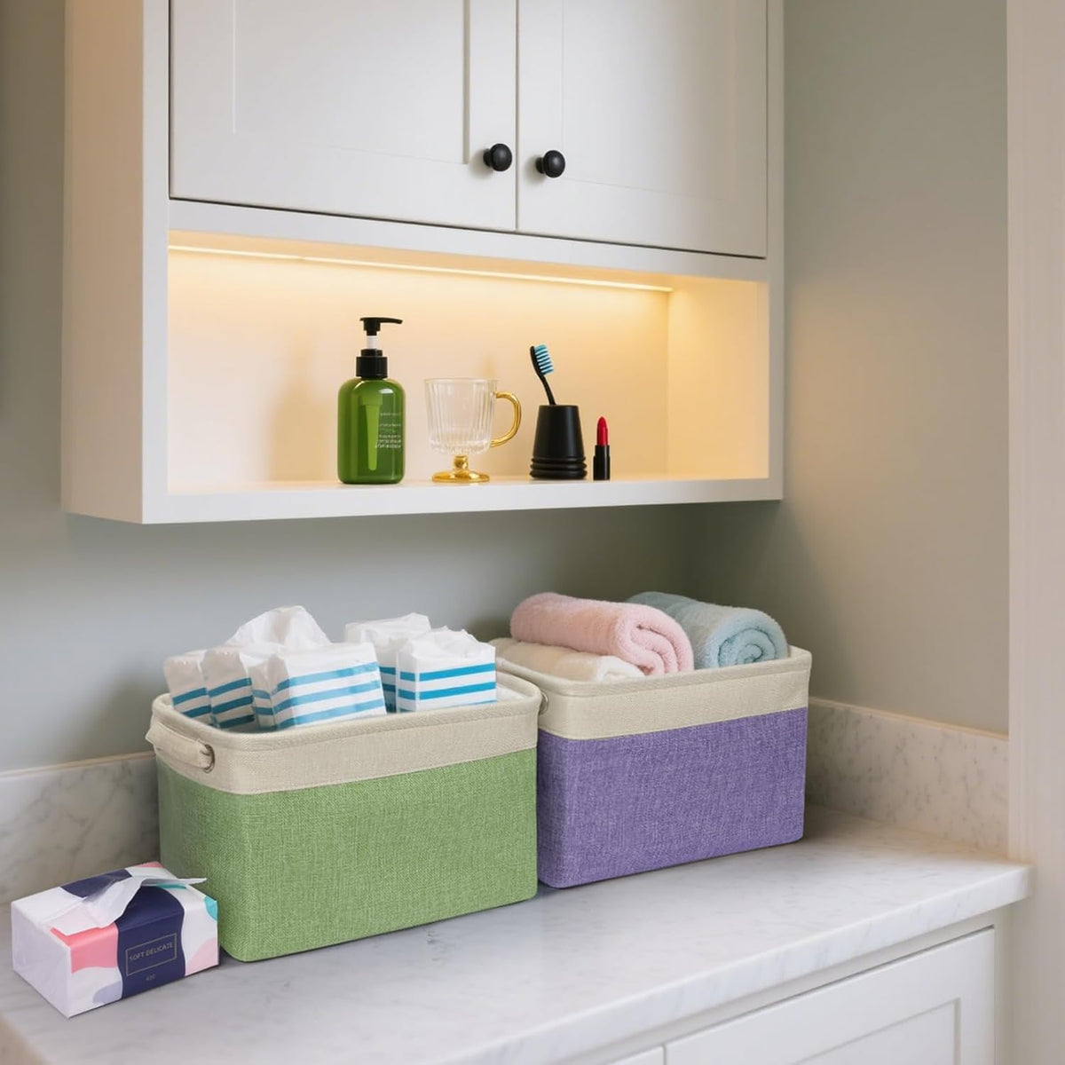 BALEINE 2 Pack Fabric Storage Bins for Shelves, Linen Storage Baskets for Organizing, Decorative Closet Bins for Clothes, Home (Pink, 12"x8"x8")