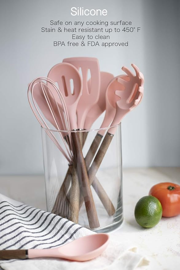 Country Kitchen Non Stick Silicone Utensil Set with Rounded Wood Handles for Cooking and Baking, 8 Piece Set, Pink
