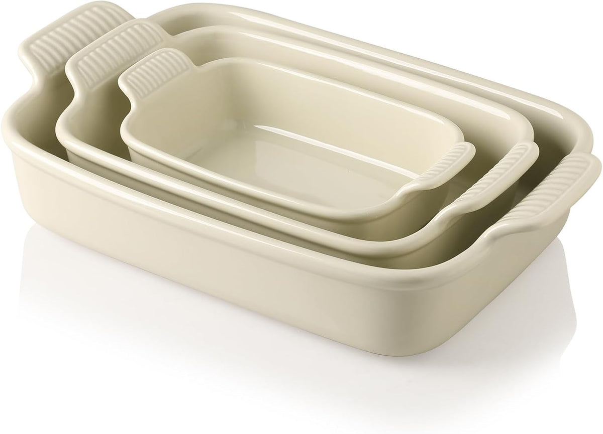 Sweejar Baking Pans Set, Ceramic 9x13 Baking Dish with Handle, Rectangular Casserole Dishes for Oven, Bakeware Sets of 3, Durable Lasagna Pan Deep for Kitchen, Banquet, Wedding Gift(Beige)