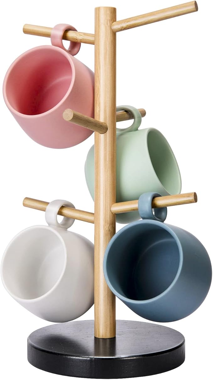 Wisuce Bamboo Mug Holder Tree, Thicker Base Coffee Cup Holder Stand for Counter, Mug Rack with 6 Hooks