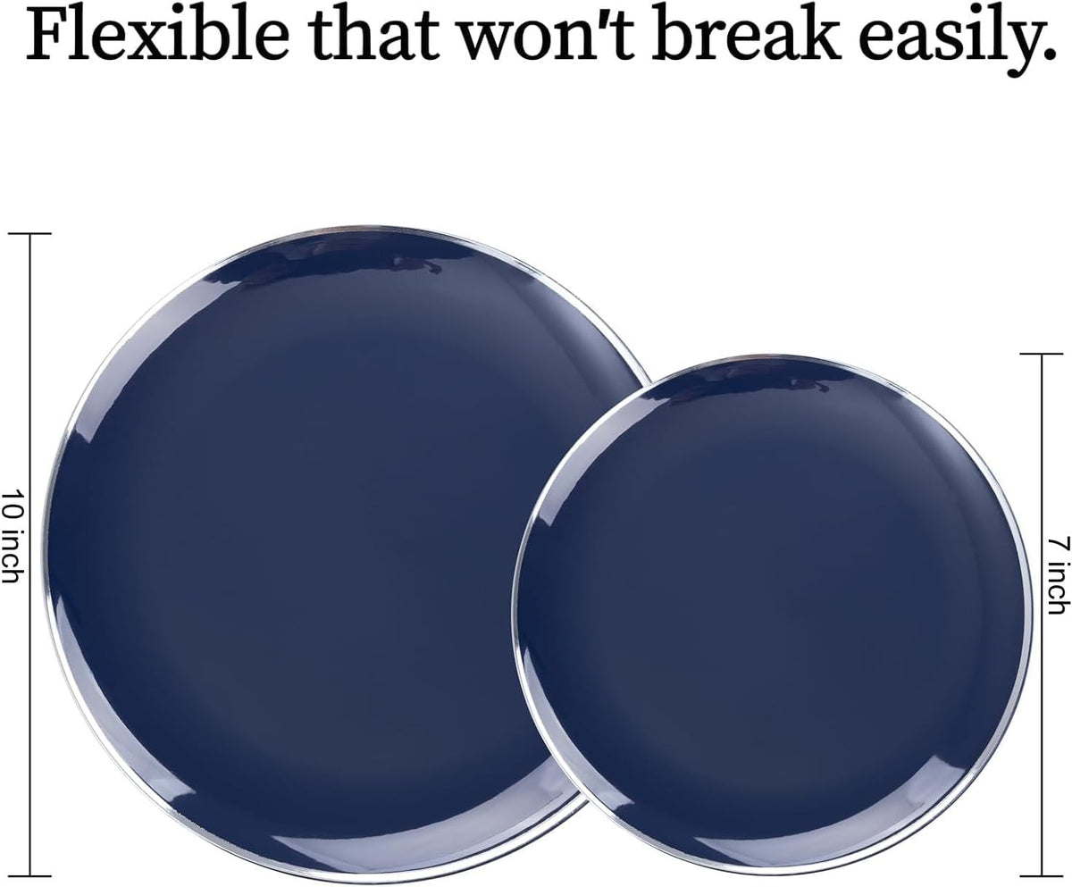 KIRE 200PCS Blue Plastic Plates with Silver Rim - Navy Blue Plastic Plates Include 100 Dinner & Dessert Plate - Heavy Duty Dark Blue Disposable Plate for Parties/Wedding