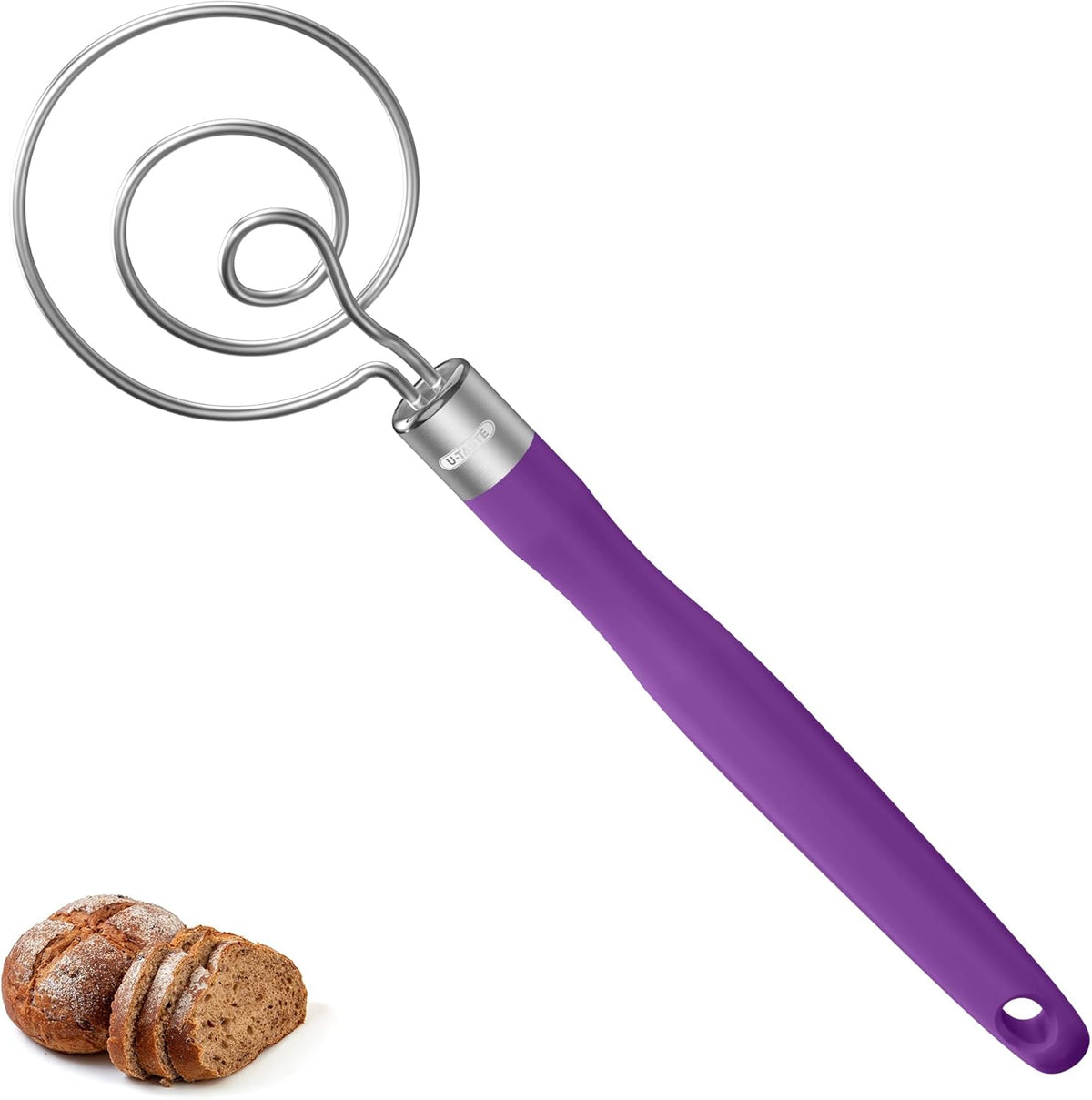 U-Taste 12.6in Danish Dough Whisk: 18/8 Stainless Steel Heavy-Duty Sourdough Mixer Tool, Food Grade Dutch Style Seamless Bread Wisk, Sturdy for Mixing, Stirring, Kneading Thick Batter (Purple)