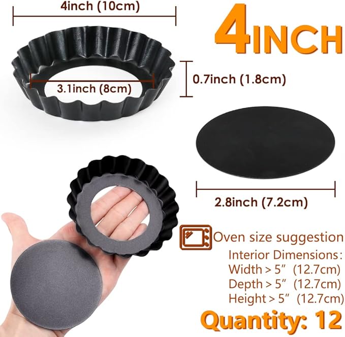 Mini Tart Pan Set of 12, Non-Stick 4 Inch Quiche Pan, Removable Bottom Tart Pan for Pies, Quiche Bakeware, Cheese Cakes, Desserts and more