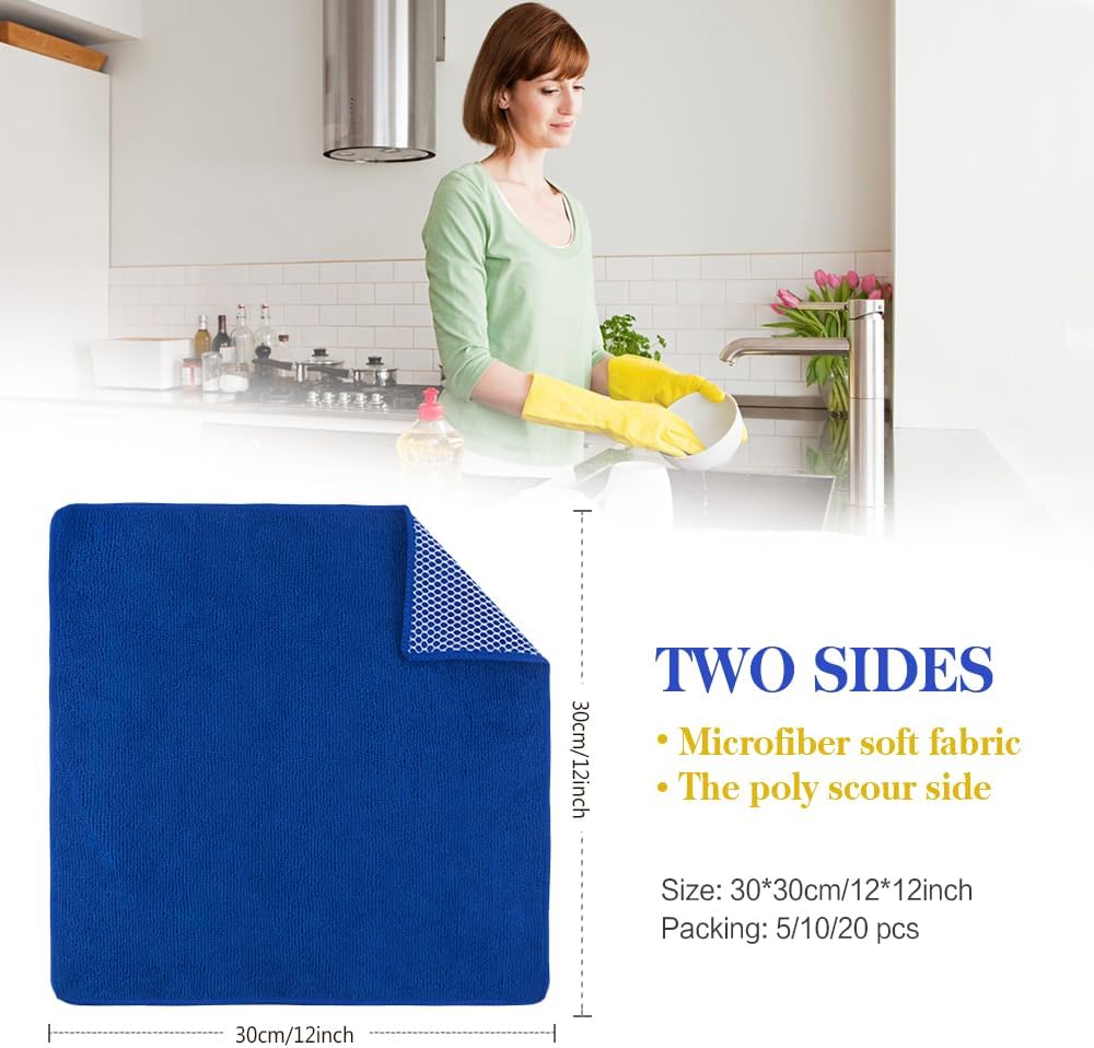 SINLAND Microfiber Dish Cloth for Wshing Dishes Dish Washing Rags Best Kitchen Washcloth Cleaning Cloths Poly Scour Side 12inchx12inch 5 Color Assorted 10 Pack