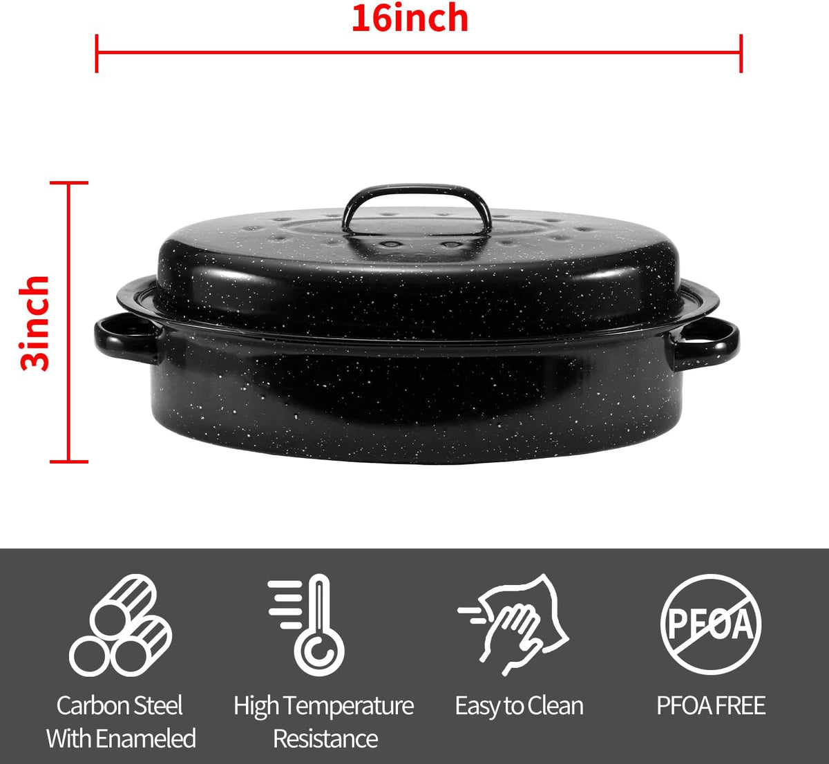 Granite Roasting Pan, Medium 16” Enameled Roasting Pan with Domed Lid. Oval Turkey Roaster Pot, Broiler Pan Great for Small Turkey, Chicken, Ham, Dishwasher Safe Fit for Roast 12Lb Bird by Kendane