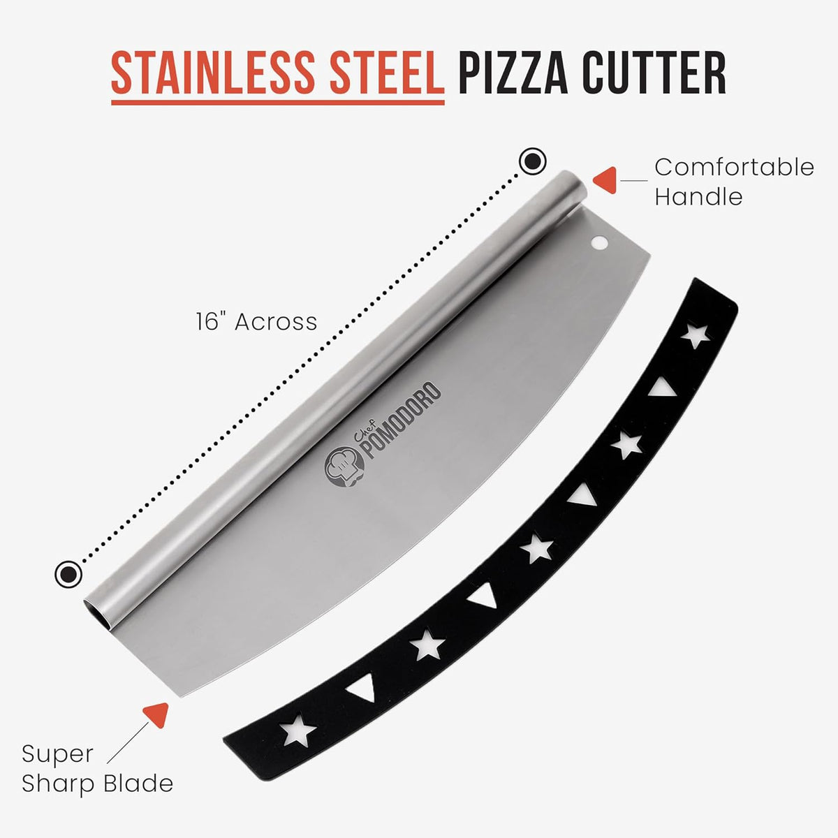Chef Pomodoro 16 Inch Pizza Cutter Rocker Blade – Stainless Steel Rocking Pizza Cutter Knife with Cover – Professional Pizza Slicer – Large Pizza Rocker Knife for Big Pizzas and Flatbreads