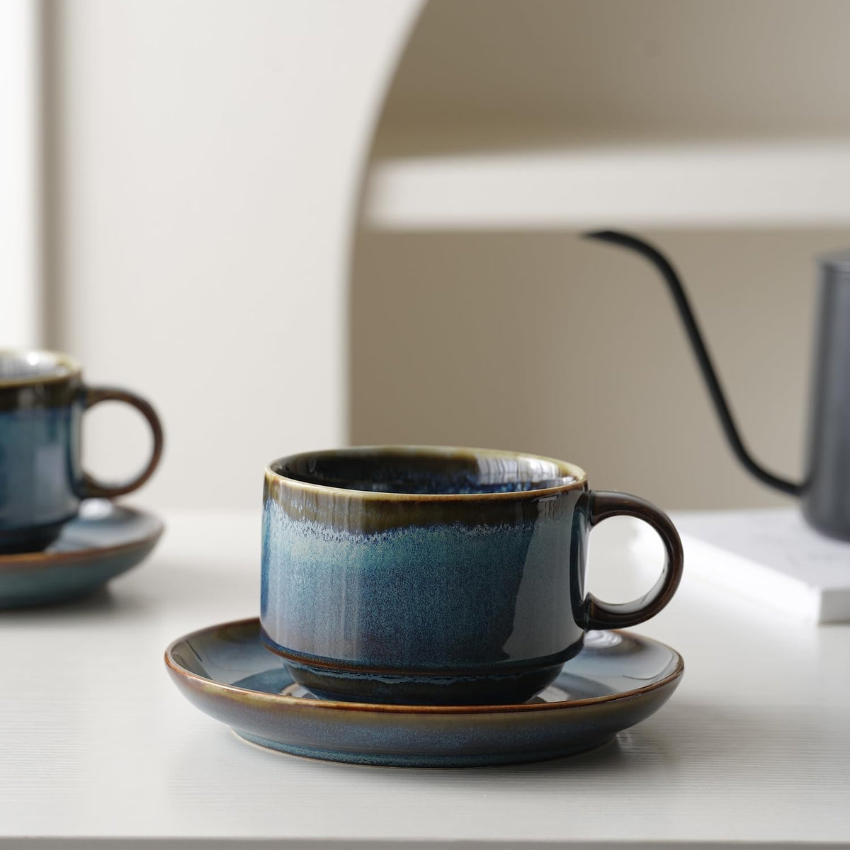 Ceramics 10oz Cappuccino Cups with Sacuer, Set of 2, Coffee Cup for Au Lait, Latte, Tea, Mocha-Set of 2, Dishwasher and Microwave, Reactive Blue