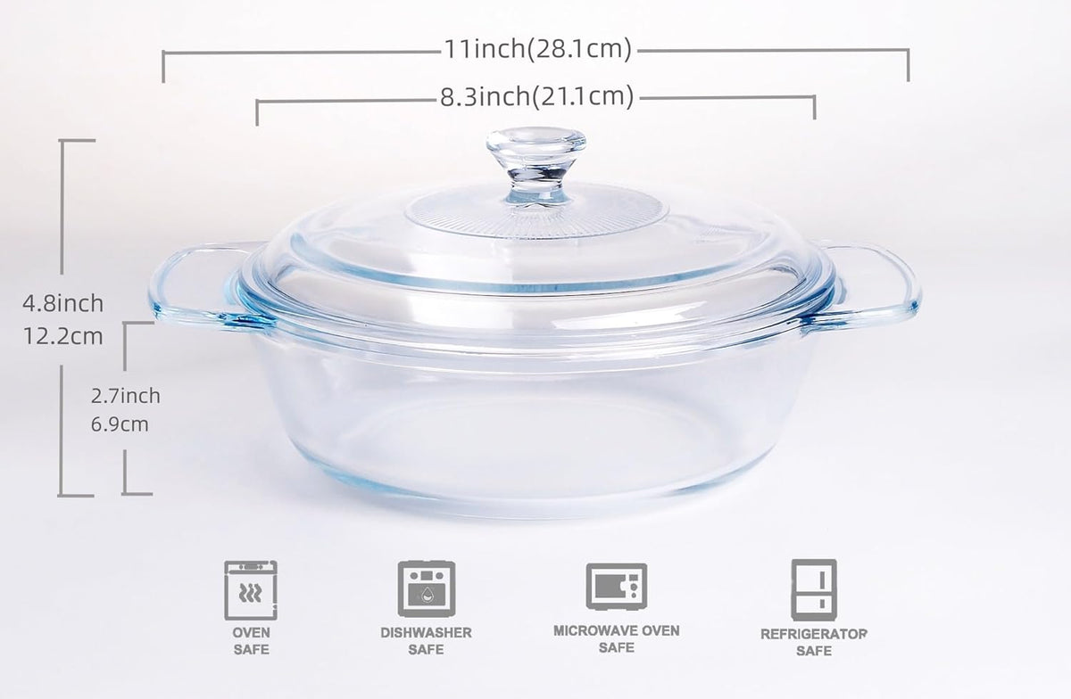 Clear Round Glass Casserole with Lid, Baking Dish with Glass Cover, Oven, Freezer and Dishwasher Safe (1.7-Quart Round)