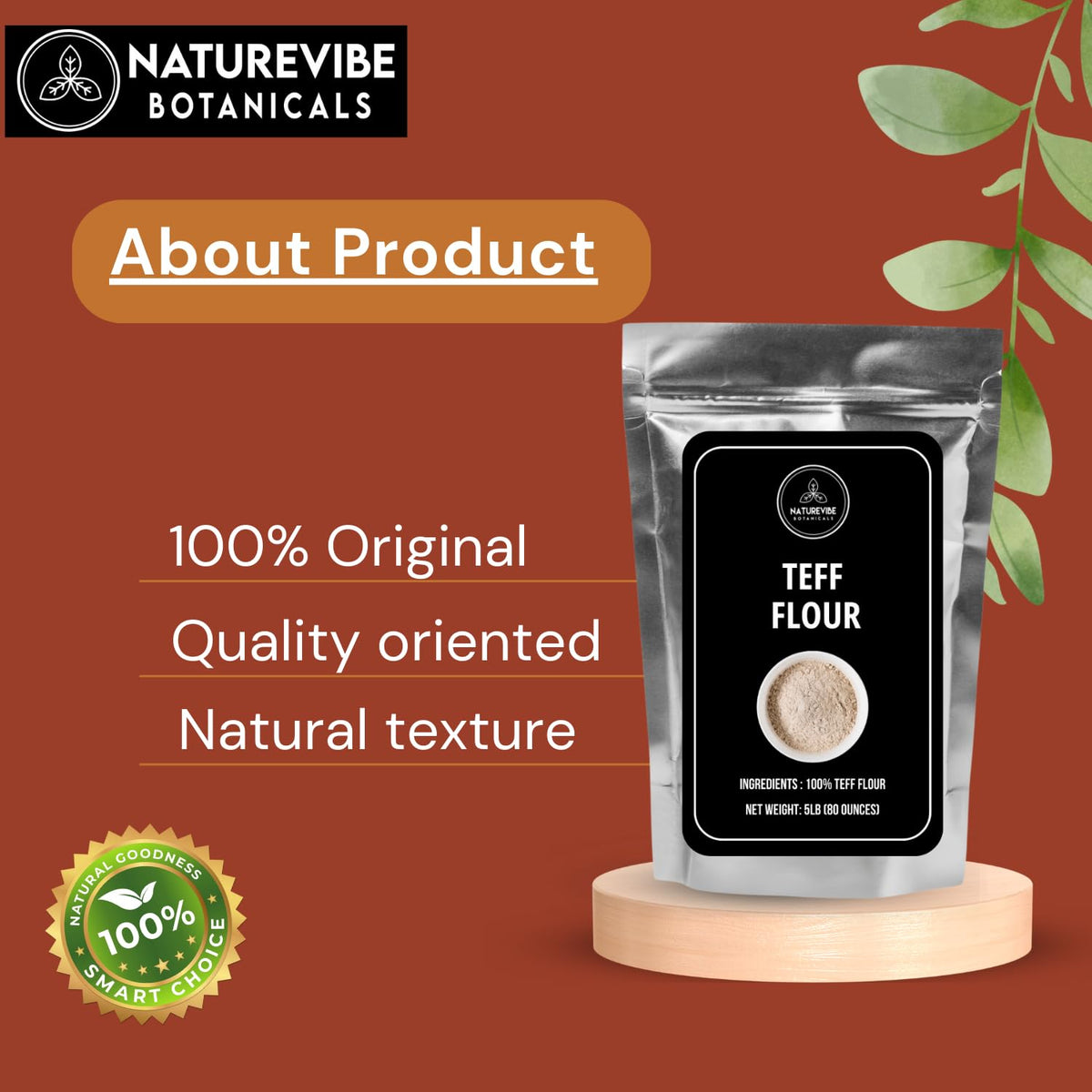Naturevibe Botanicals Brown Teff Flour 5lb Premium Quality | Used for Baking and as Thickener