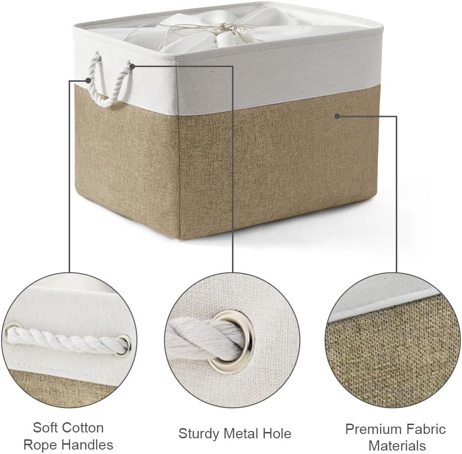 TheWarmHome Organization Basket - 20x16x14 inch Jumbo 3 Pack Collapsible Storage Bins for Shelves, Fabric Storage Cubes for Closet Organizer Gift Toy (White & Khaki)