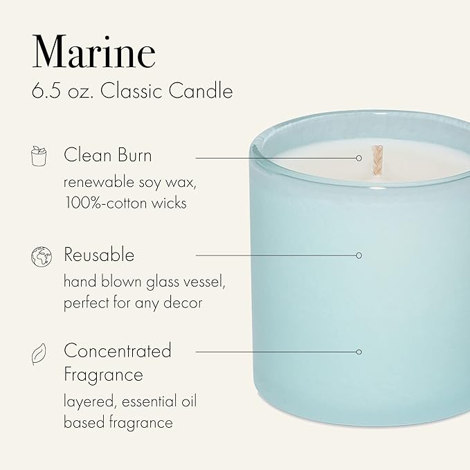 LAFCO New York Classic Candle, Marine - 6.5 oz - 50-Hour Burn Time - Reusable, Hand Blown Glass Vessel - Made in The USA