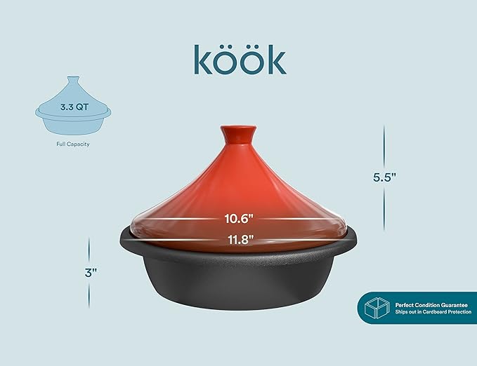 KooK Moroccan Tagine, Enameled Cast Iron Cooking Pot, Tajine with Ceramic Cone-Shaped Closed Lid, 3.3 QT, (Crimson)