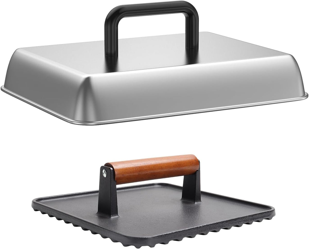 SafBbcue 14" Stainless Steel Rectangle Cheese Melting Domer Basting Cover & Cast Iron Rectangle Griddle Smash Burger Grill Weight Press for Blackstone, Pitboss, Camp Chef Flat Top Grills Accessories
